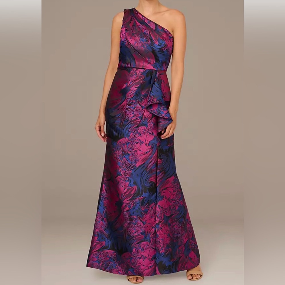 Adrianna Papell One-Shoulder Ruffled Jacquard Sheath Dress